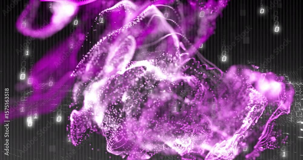 Poster Violet ribbon materializing and morphing into pulsating particle cloud while visualizing data flow