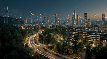 Fototapeta premium Sustainable Cityscape: A mesmerizing panorama of a futuristic city, seamlessly interwoven with renewable energy sources, against a twilight canvas of innovative urban design.