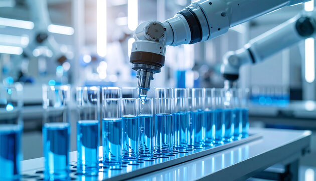 Precision in Science: Robotic arm carefully pipetting precise measurements of blue liquid into test tubes, epitomizing the advanced techniques in a modern laboratory environment.