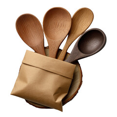A collection of wooden spoons in a paper bag, isolated on transparent background, showcasing rustic and ecofriendly kitchen utensils