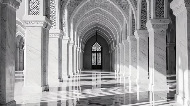 Architectural corridor with arches and columns in grayscale design