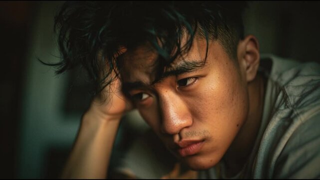 mental health awareness concept, A young man with tousled hair appears deep in thought, resting his head on his hand in a dimly lit setting.