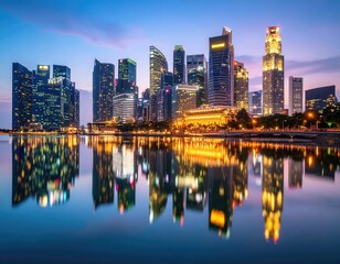 Naklejka premium City skyline reflected in water at dawn