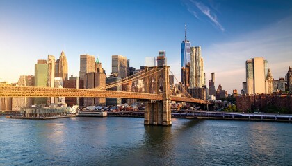 Naklejka premium City skyline with bridge at sunset