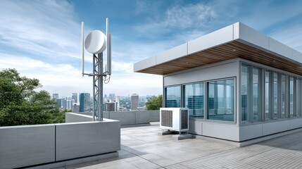 Rooftop telecommunications equipment on modern building overlooking city