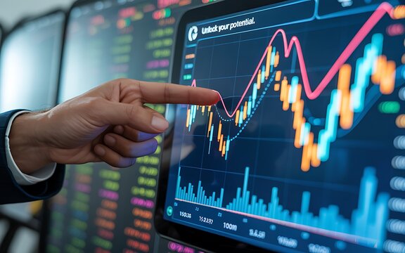 Hand pointing at stock market graph image
