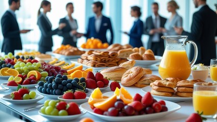 A vibrant and bustling morning meeting scene with a lavish breakfast buffet featuring an array of fresh and healthy food options, set against a modern and sleek corporate event backdrop