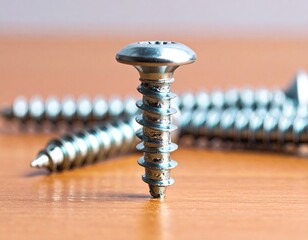 Close-up of metal screw on wooden surface