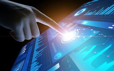 Human finger touching digital screen displaying charts image