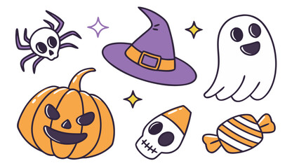 Cute halloween vector illustration with pumpkin ghost witch hat candy and spider clip art design 100