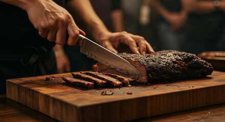 Close-up of a risket being cut on a wooden cutting board, background blurred with people
