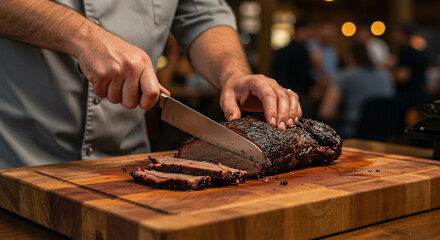 Close-up of a risket being cut on a wooden cutting board, background blurred with people
