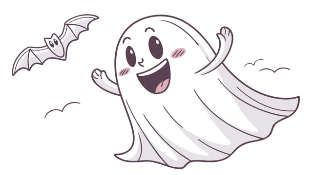 Cute halloween ghost cartoon with bat illustration for spooky season themed designs and halloween party decor