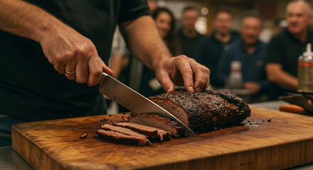 Close-up of a risket being cut on a wooden cutting board, background blurred with people