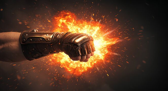 Armored gauntlet fist punching with a fiery explosion and sparks