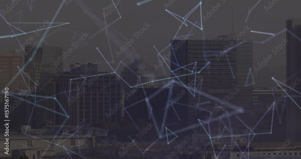 Poster glowing nodes emerging from faint points connecting and drifting over skyline, visualizing network