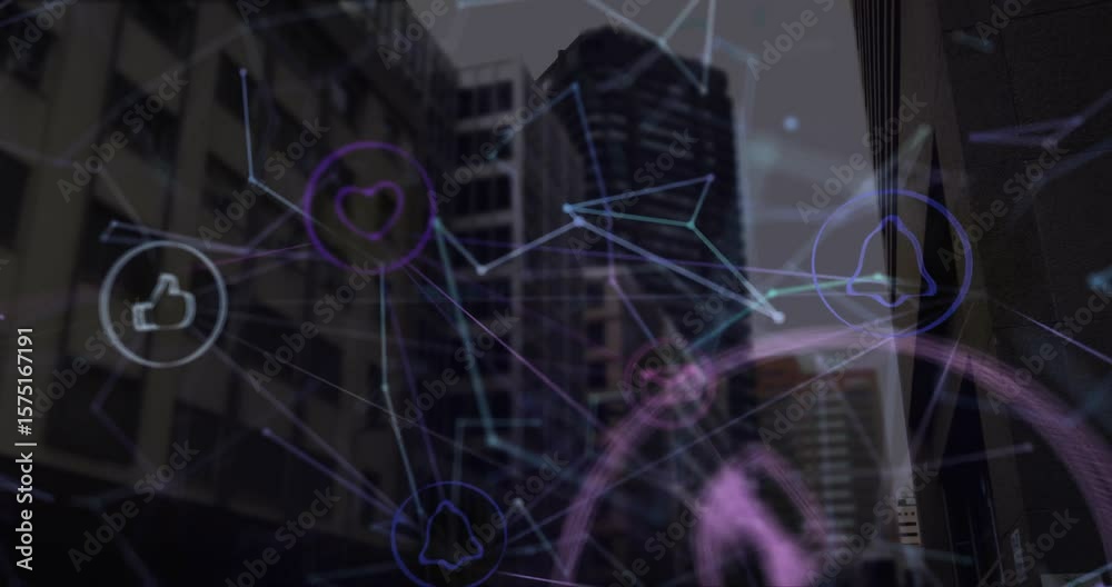 Poster faint neon lines materializing around towers initiating icons animating messaging connectivity