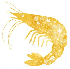 Golden Shrimp Silhouette Adorned with Delicate White Flowers, a Watercolor Masterpiece