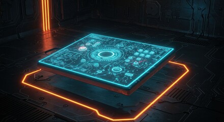 Abstract futuristic interface with glowing neon elements in a dark environment, design for