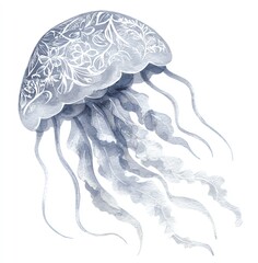 Elegant Watercolor Jellyfish Silhouette, Delicate Floral Design, Soft Grey Hues, Tranquil Underwater Scene