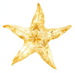 Golden Starfish Silhouette Adorned with Delicate Watercolor Floral Designs on White Background
