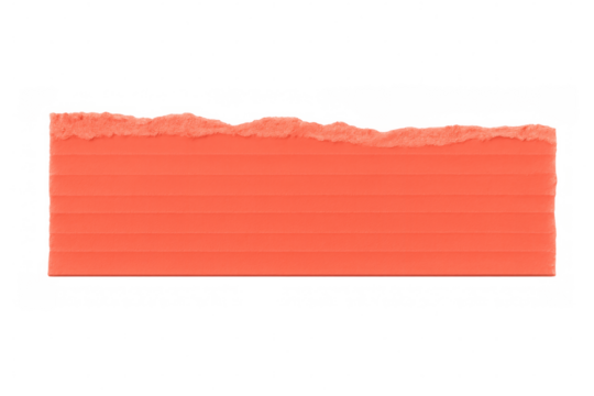 Torn coral cardboard strip revealing textured surface, floating against transparent backdrop with detailed fiber patterns