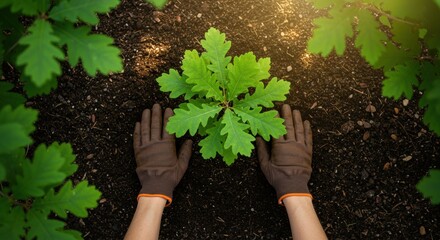 Hands planting young oak tree sapling