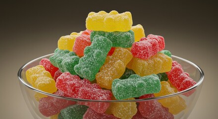 Colorful gummy bears in a glass bowl creating a tempting sweet treat display