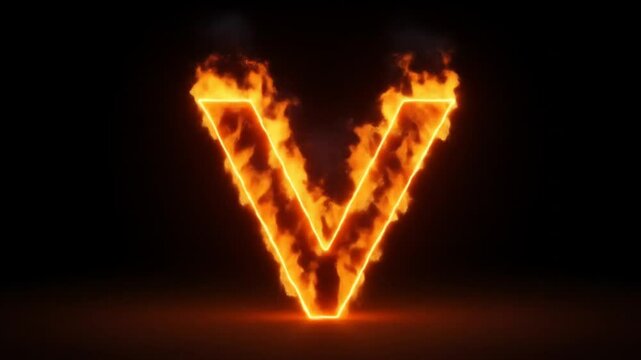 Fiery Letter V Burning Bright with Flames and Sparks in Dark Background