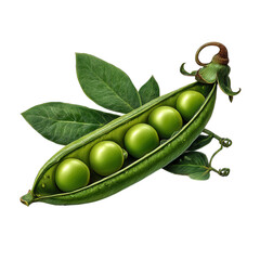 A vibrant green pea pod bursts open, revealing plump peas, isolated on transparent background, showcasing natures bounty