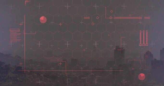 Hazy skyline opening, red hex grid superimposing, populating red nodes and bars for smog monitoring