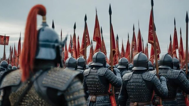 Ancient army of warriors with red flags on the battlefield ready to fight