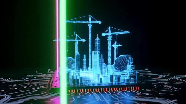 Futuristic cityscape construction site with neon lights and digital elements on a circuit board