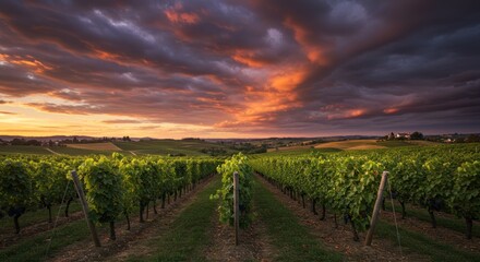 Obraz premium Dramatic sunset over endless vineyard rows showcasing nature's beauty and agriculture