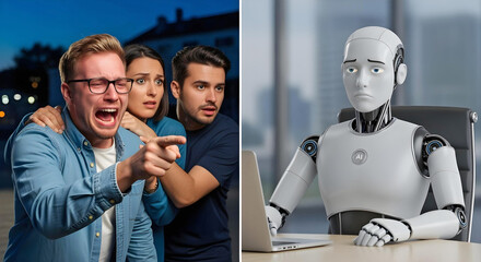 Horrified humans react emotionally while sad bored arrogant robot faces screen in comic AI meme scene