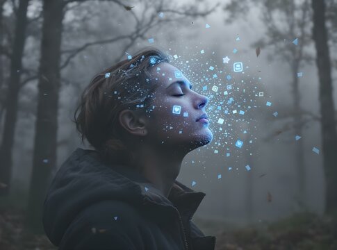 Person finding peace in nature as digital notification icons shatter and dissolve around them. - Powered by Adobe