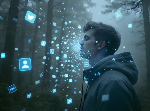 Person finding peace in nature as digital notification icons shatter and dissolve around them.