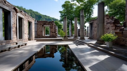 Ruined stone building complex, reflecting pool