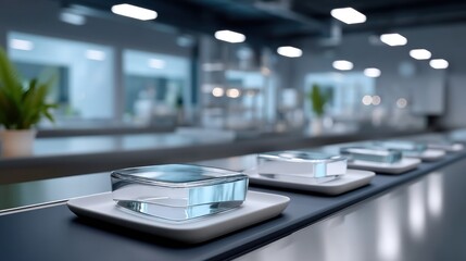 Clear, square objects on a conveyor belt in a modern lab