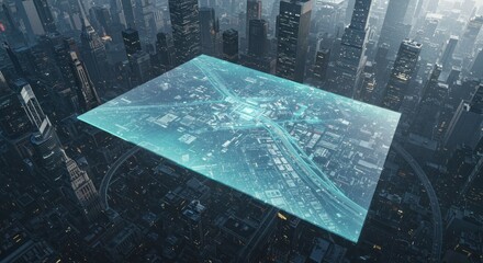 Futuristic city network interface floating above urban landscape connecting digital data streams