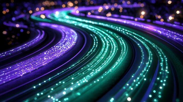 Abstract glowing fiber optic cables curves purple teal lights - Powered by Adobe