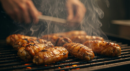 Close-up of chicken wings on a grill
