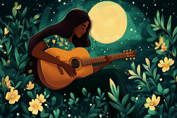 Girl playing guitar on stage with musical expression