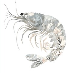 Elegant Watercolor Shrimp Silhouette with Delicate Floral Accents on a White Background