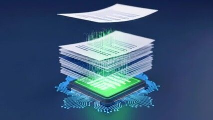 Digital transformation of documents being processed by a computer chip, showcasing innovation in technology - Powered by Adobe