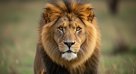 Obraz premium Majestic Male Lion Stares Intensely with Captivating Eyes Amidst the Savannah Grassland