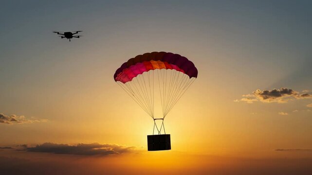Drone delivering package via parachute at sunset