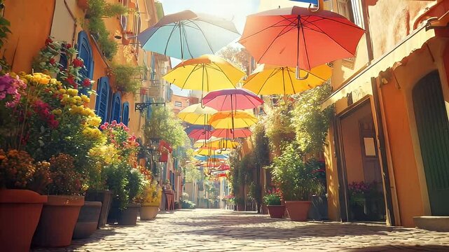 Colorful umbrellas decorate a narrow Italian street, lined with potted plants and quaint buildings