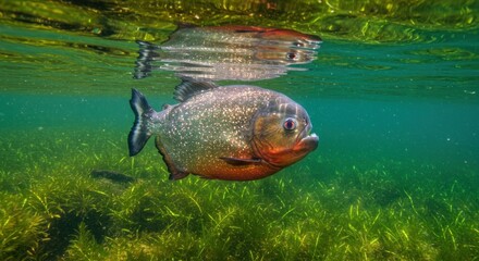 Piranha's aquatic existence revealed in shimmering waters with submerged grasses and surface