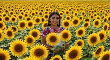 Radiant smile amidst a vibrant sunflower field celebrating nature's golden bloom